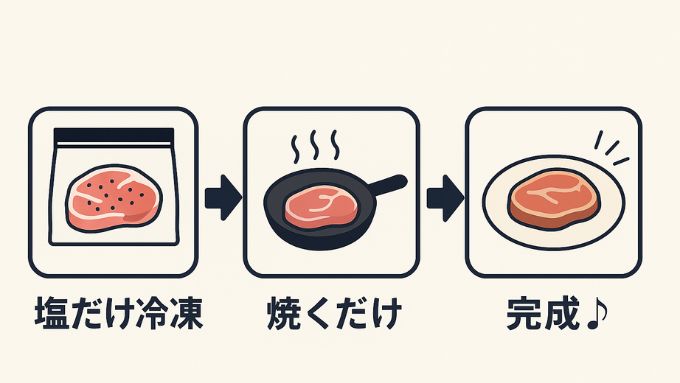 調理ステップのフローチャート「塩だけ冷凍→焼くだけ→完成♪」