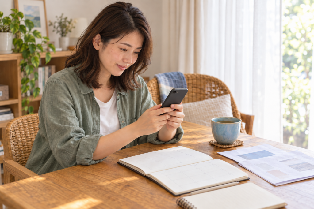 自宅のテーブルでスマートフォンを使って相談する女性のイメージ