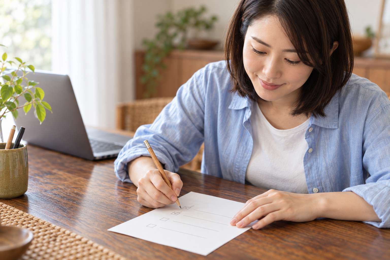 青いシャツの女性が学びのチェックシートに書き込むイメージ（AI生成）