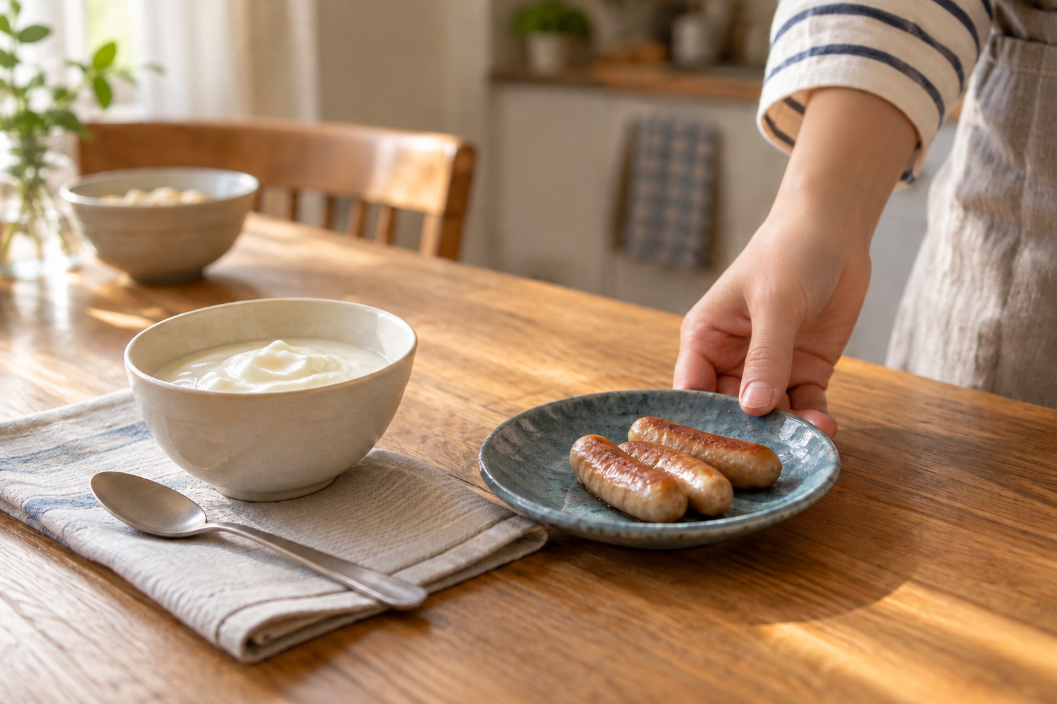 ヨーグルトとウインナーの朝食をテーブルに用意する手元のイメージ（AI生成）