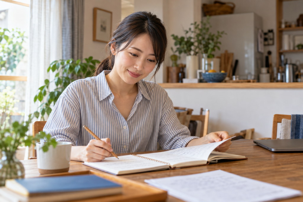 自宅のテーブルで過去のノートや記録を振り返る女性のイメージ（AI生成）