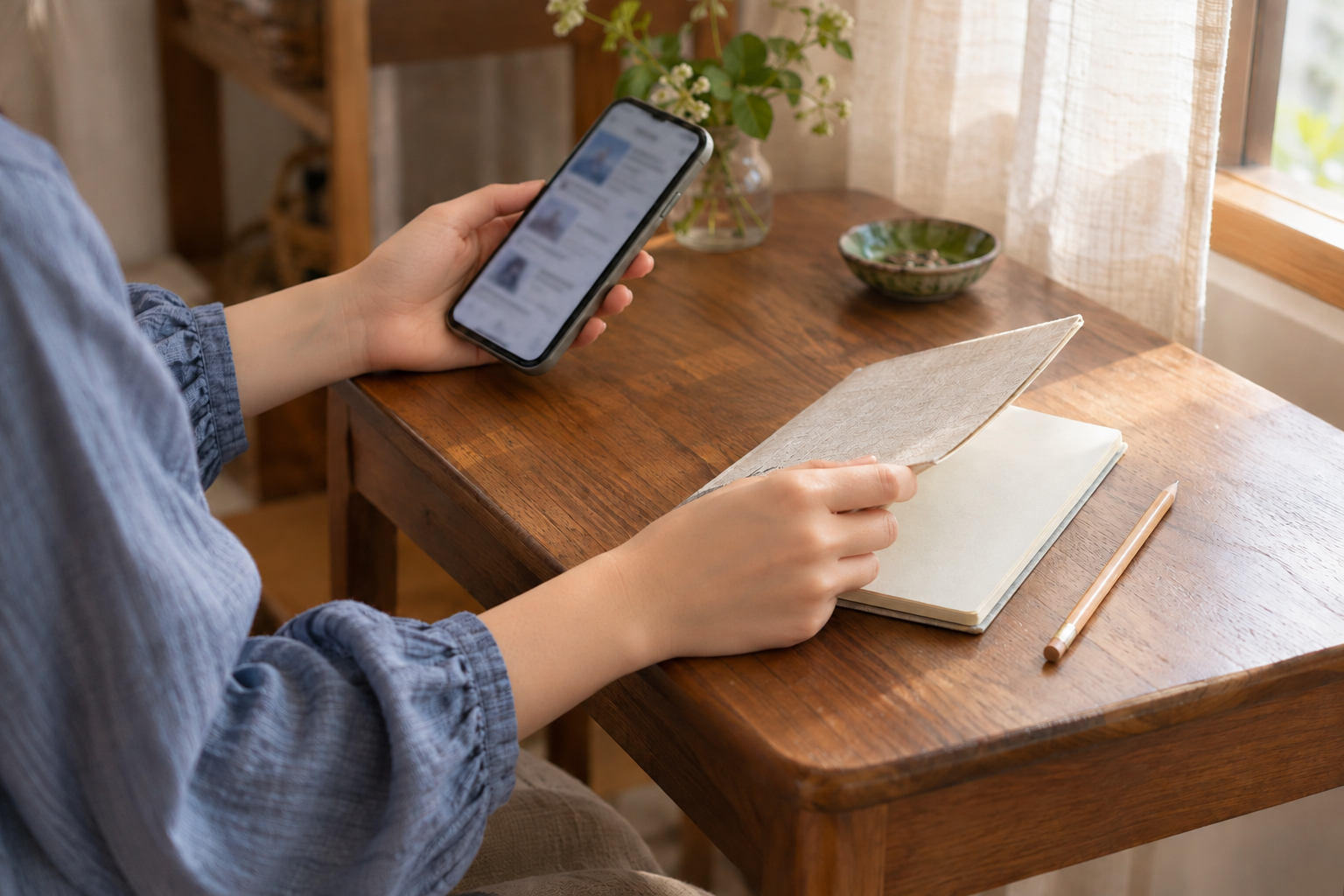 青いシャツの女性が窓辺の木製テーブルでスマートフォンの記録を読み、ノートを開く手元のイメージ