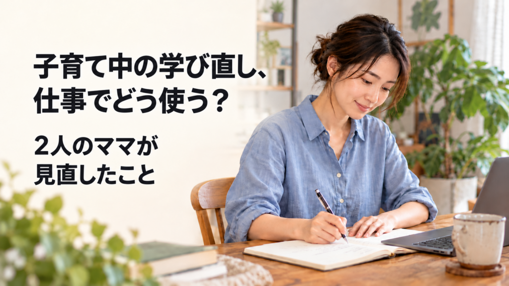 「子育て中の学び直し、仕事でどう使う？2人のママが見直したこと」の見出しと、青いシャツ姿でノートを書く女性のAI生成イメージ。
