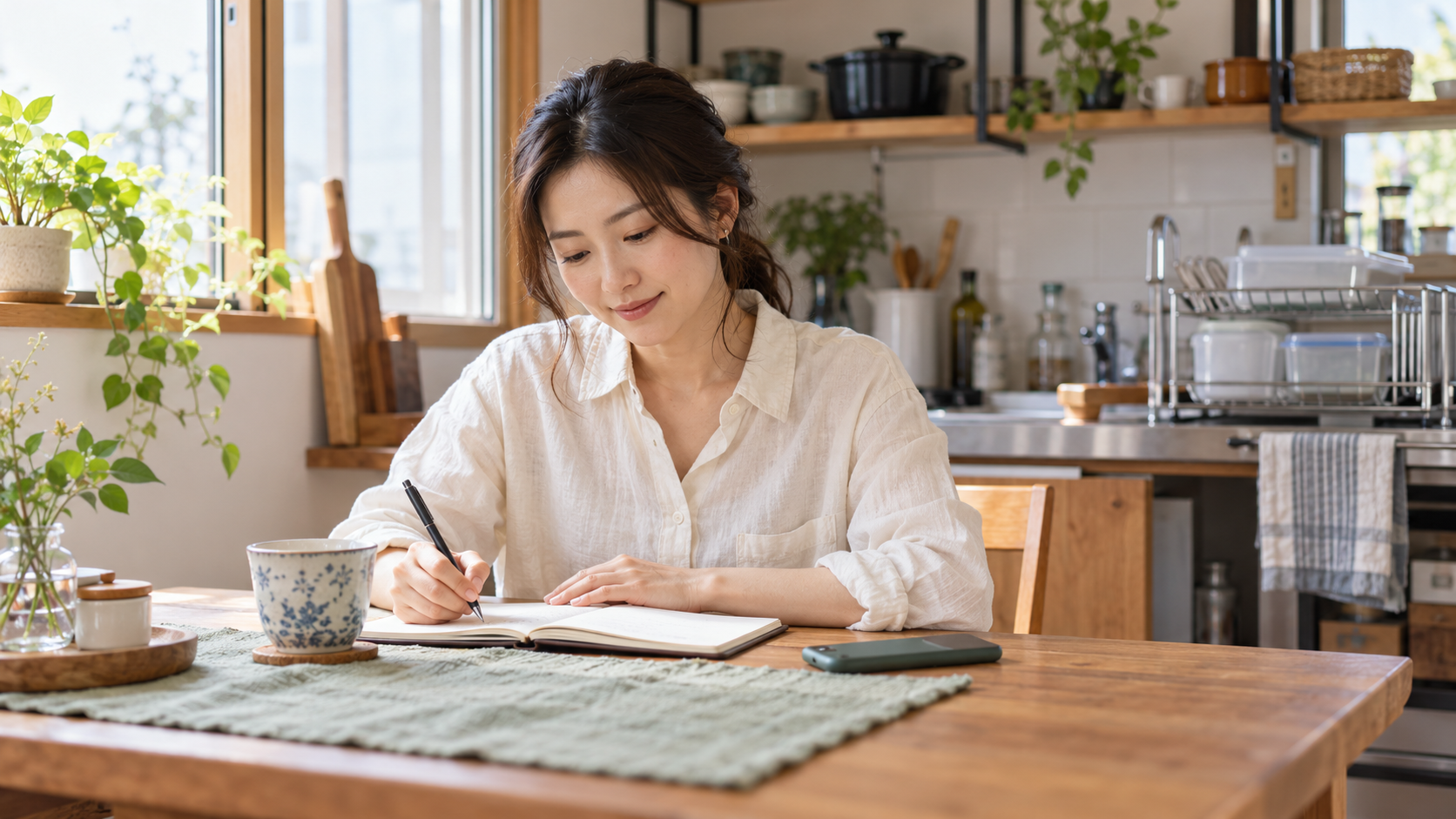 家事で試したことをノートに短く記録する女性のイメージ