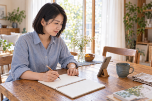 青いシャツの黒髪ボブの女性が、スマートフォンを見ながらノートに書き込むイメージ