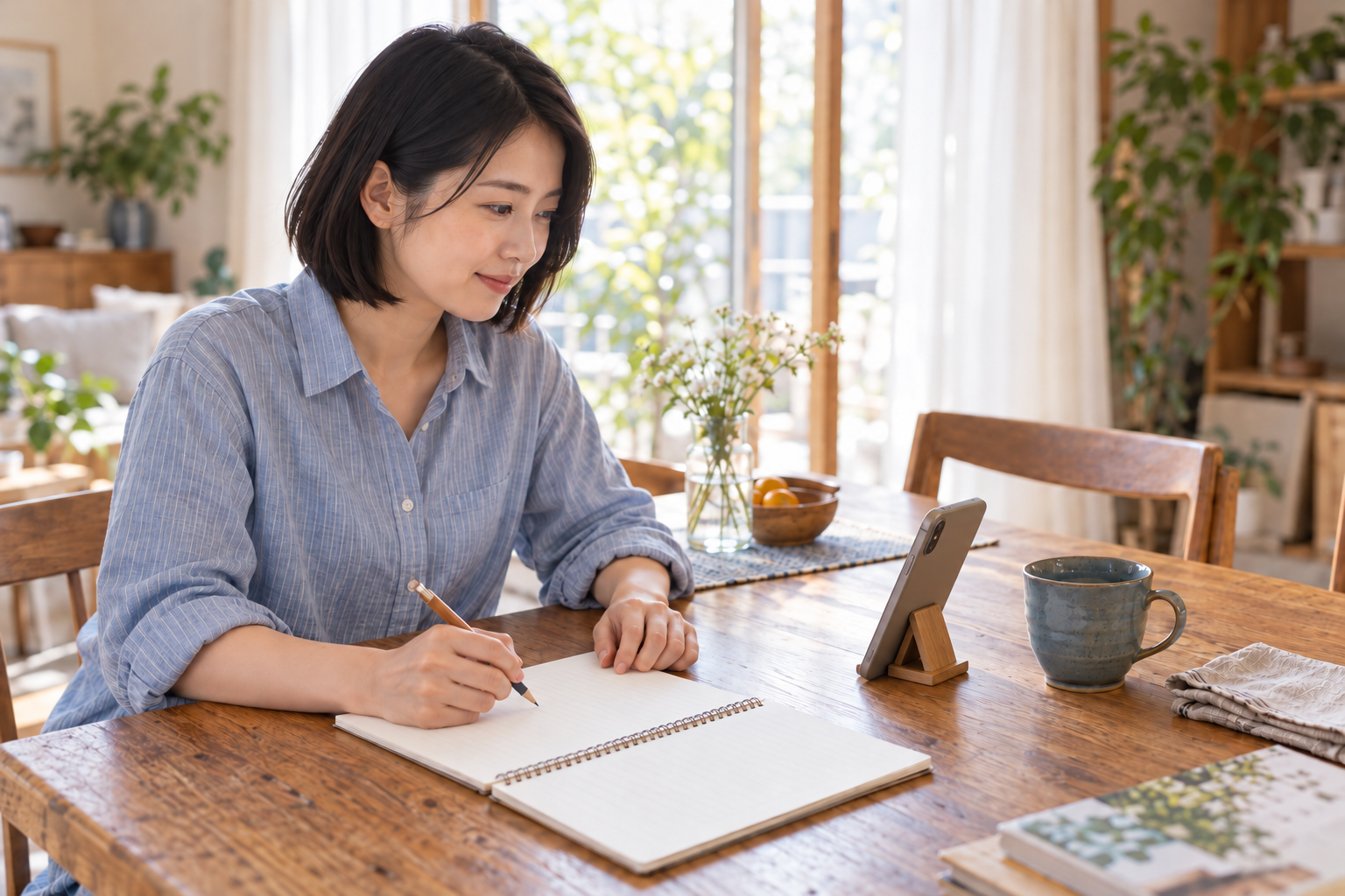 青いシャツの黒髪ボブの女性が、スマートフォンを見ながらノートに書き込むイメージ