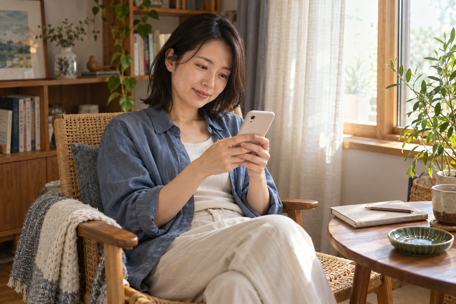 青いシャツの女性が窓辺の椅子に座り、スマートフォンで仲間の記録を読むイメージ