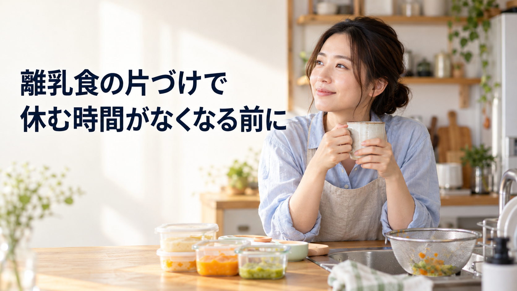 離乳食の調理道具があるキッチンで、休む時間を考える女性のイメージ