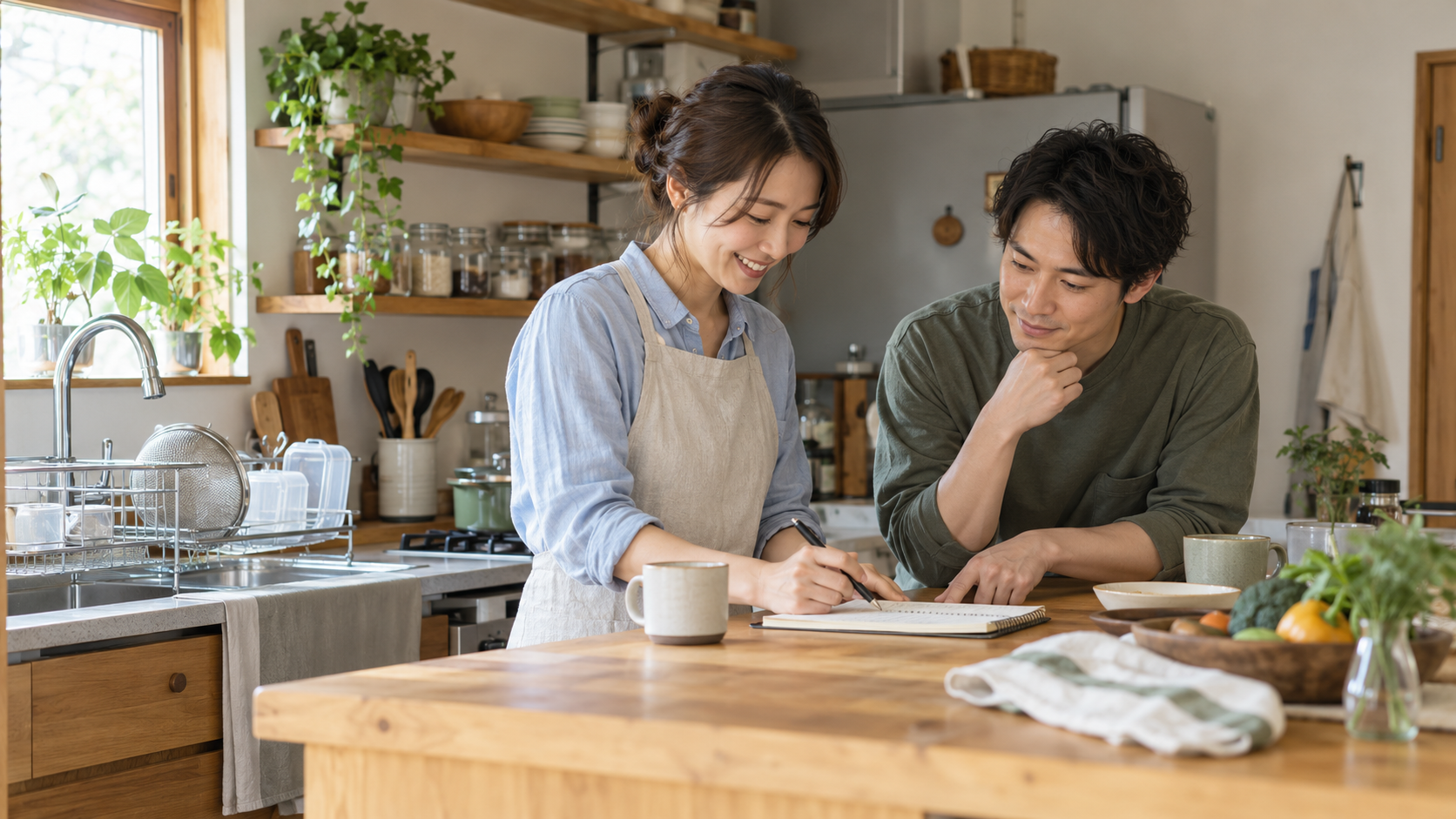 キッチンでメモを見ながら家事の分担を相談する二人のイメージ