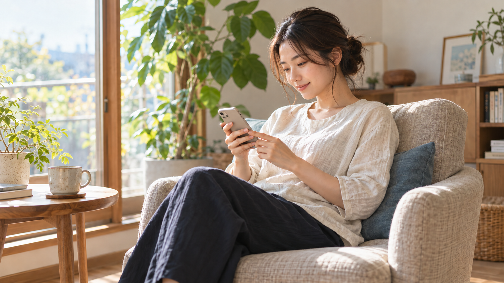 自宅の椅子に座り、スマートフォンで学ぶ女性のAI生成イメージ