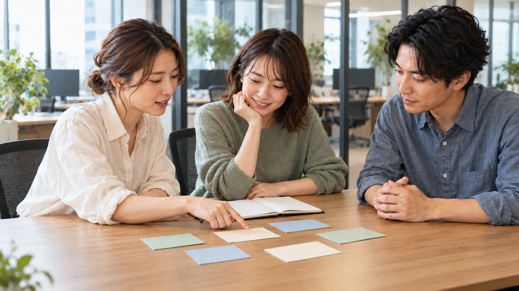 明るいオフィスの打合スペースで、カードを使って仕事の分担を相談する三人の大人を描いたAI生成イメージ。