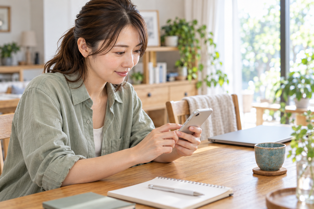 セージ色のシャツの女性が、ノートを置いたテーブルでスマートフォンを操作するイメージ